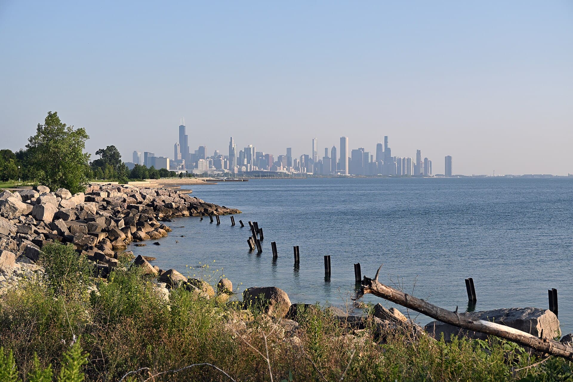 Chicago skyline across the lake, from the lakefront