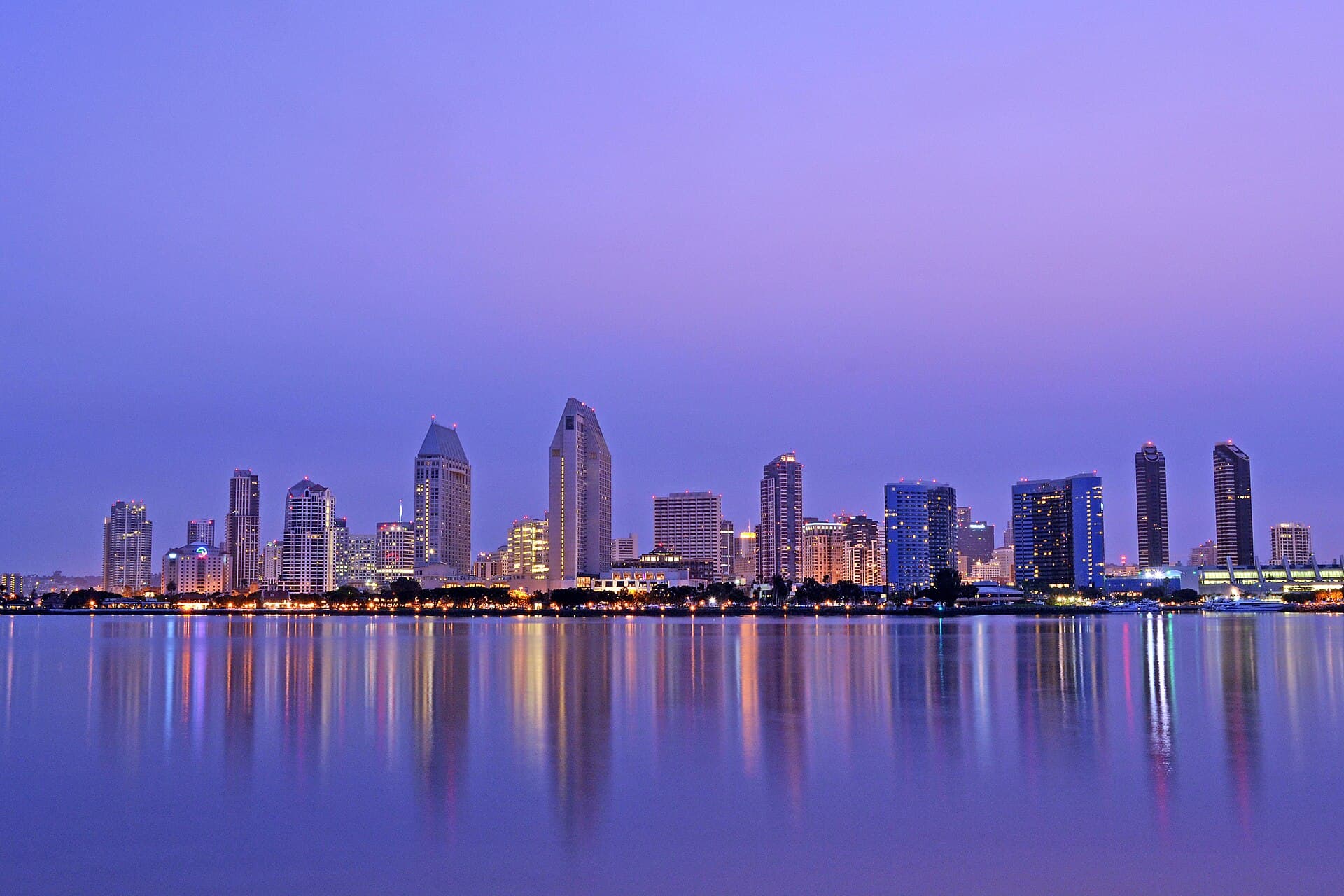 San Diego skyline at dawn, across the bay