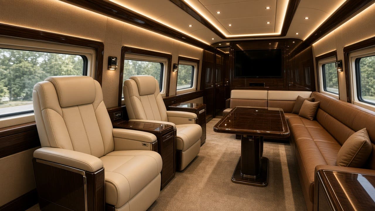 Luxury coach VIP lounge with leather seating and executive cabinetry