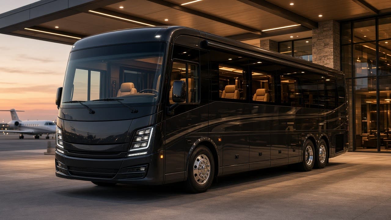 Newest Grech luxury coach with leather seating at a private aviation terminal