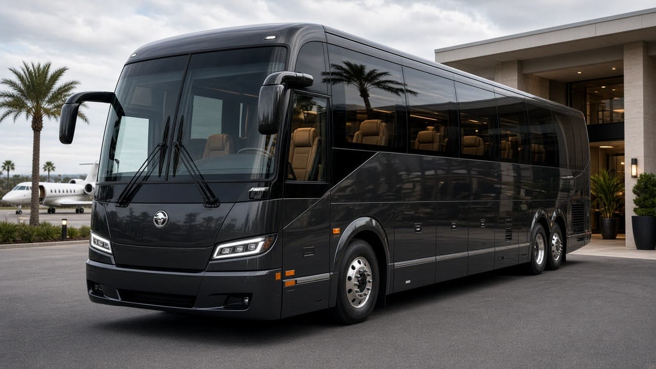Newest Prevost luxury coach at a private FBO with leather VIP seating