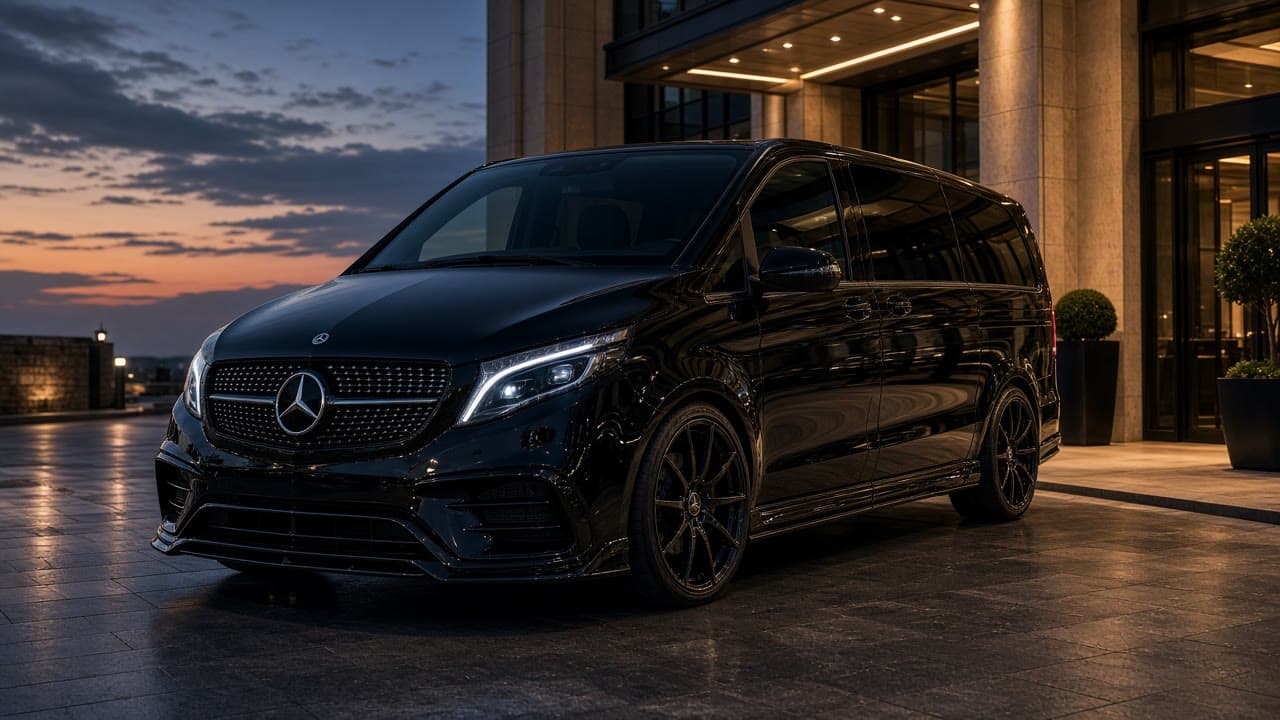 Custom black Mercedes V-Class with leather cabin at a luxury curb