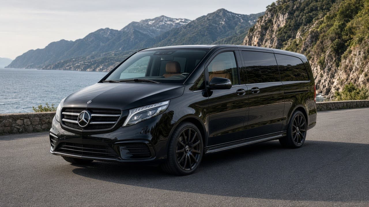 Custom black Mercedes V-Class with leather seats on a scenic coastal road